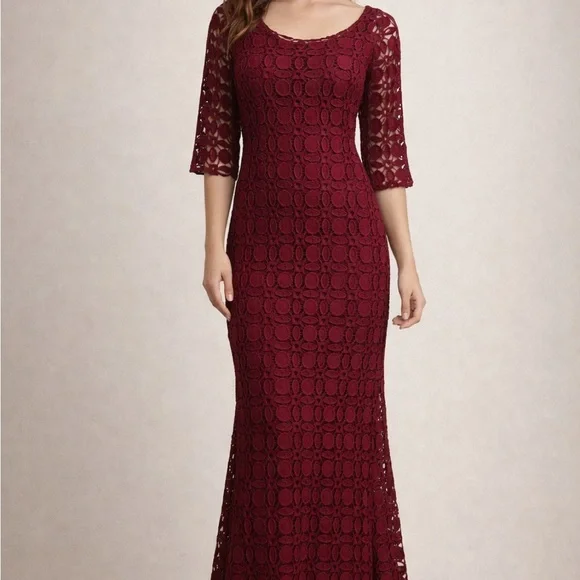 Kay Unger Deep Red Lace 3/4 length Sleeve long Dress